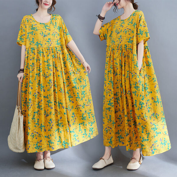 Printed Short-sleeved Cotton And Linen Dress