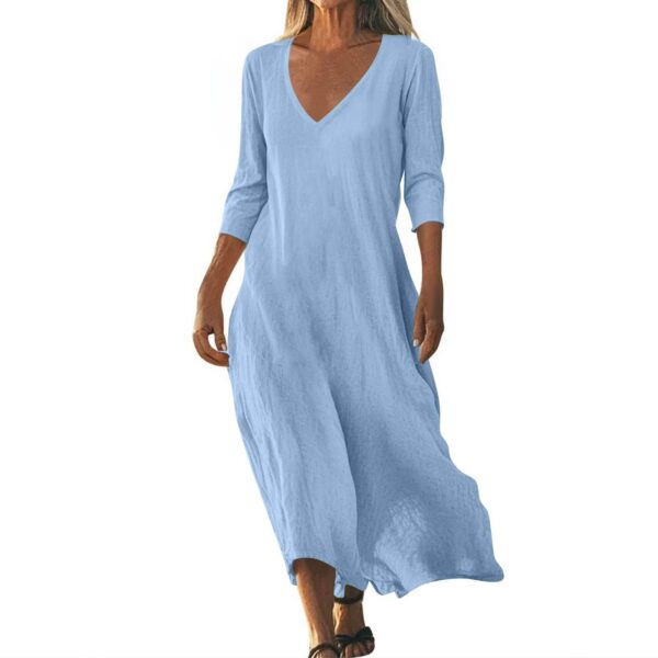 Cotton Linen V-neck  Dresse Women's Clothing
