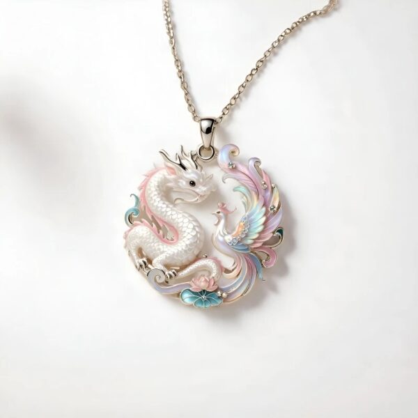 Hollow Dragon Phoenix Lotus Pendant Necklace,