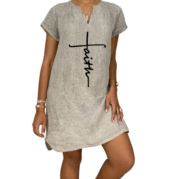 Summer Short-sleeved V-neck Cotton /Linen Dress