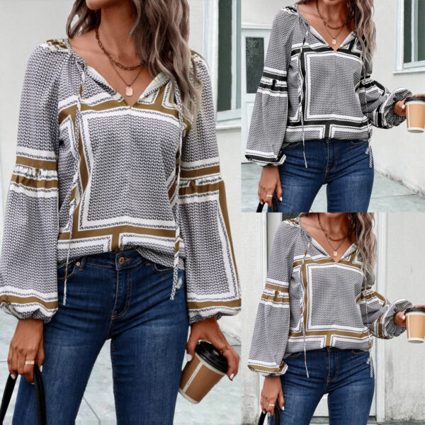 Lantern Sleeve Printed Shirt Women's Clothing